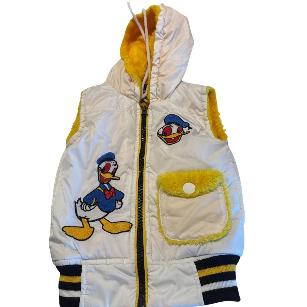Vintage Disney Donald Duck Puffer Vest Toddler 2T Embroidered Hooded 90s White
